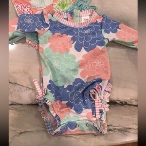 Ruffle Butts Floral Kids Swim Rashguard - Blue, Pink, Green